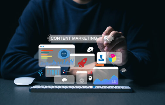 Content marketing depiction showing a Person interacting with virtual graphics depicting content marketing elements above a keyboard.