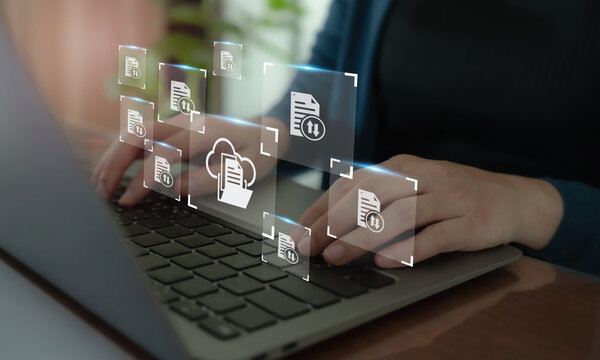 CMS guide Person typing on a laptop with overlay of digital cloud and document icons.