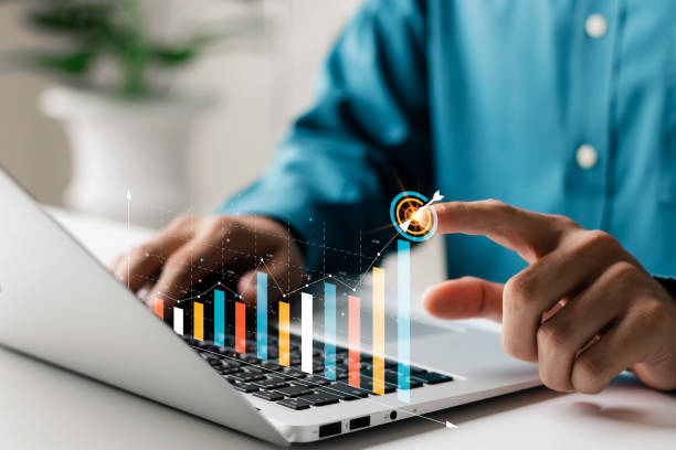 Business expansion -Person in a blue shirt interacting with a laptop displaying a digital bar chart.