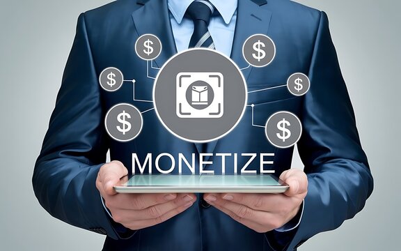 Content Monetization describing image in whuch a person in a business suit holding a tablet with monetization graphics and dollar signs.